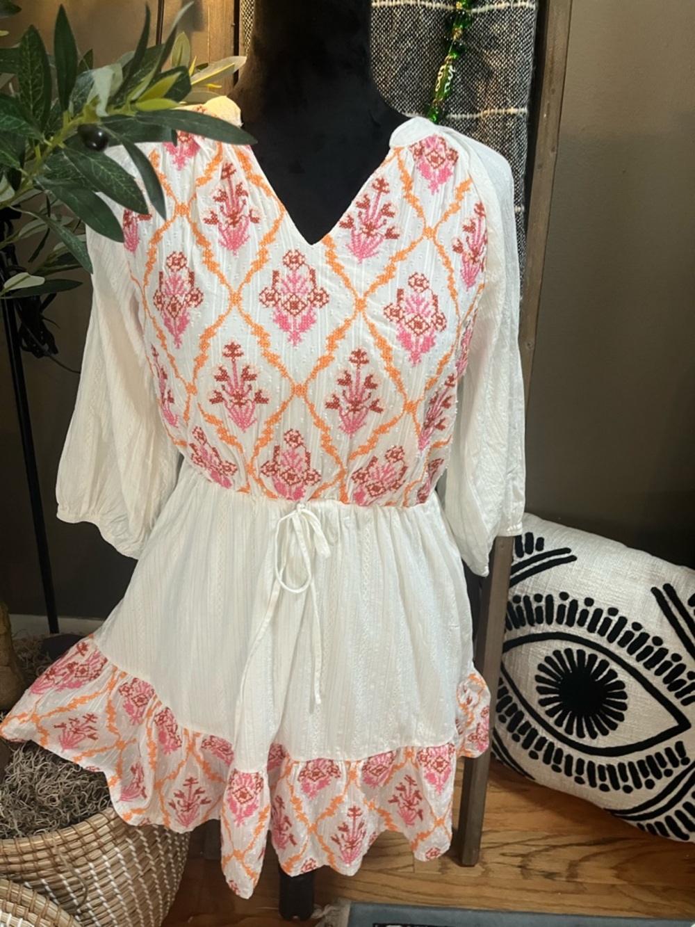 Boho Embroidered White and Pink Mini Dress